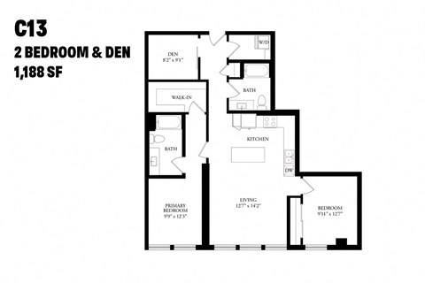 Floor plan for 2 beds, 2 baths, 1188 sqft